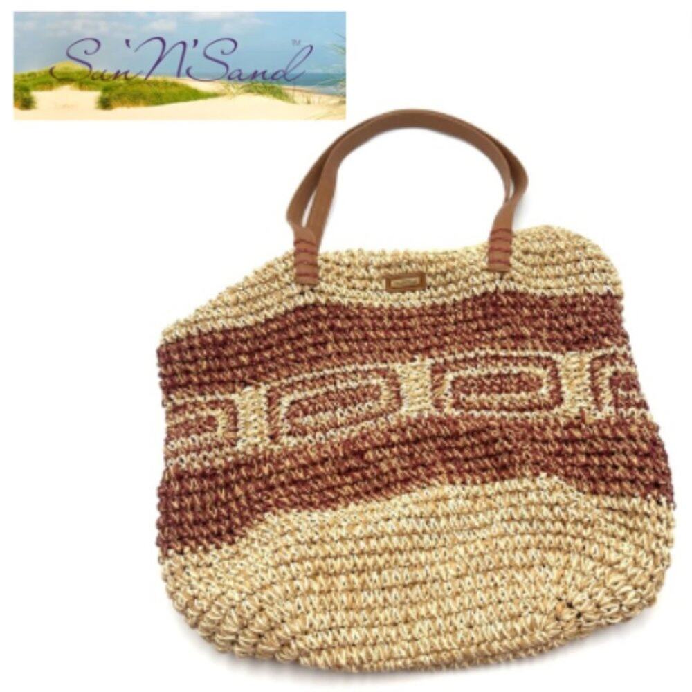 SUN N' SAND - Raffia Tote Bag Boho beach bag NWT faux leather strap